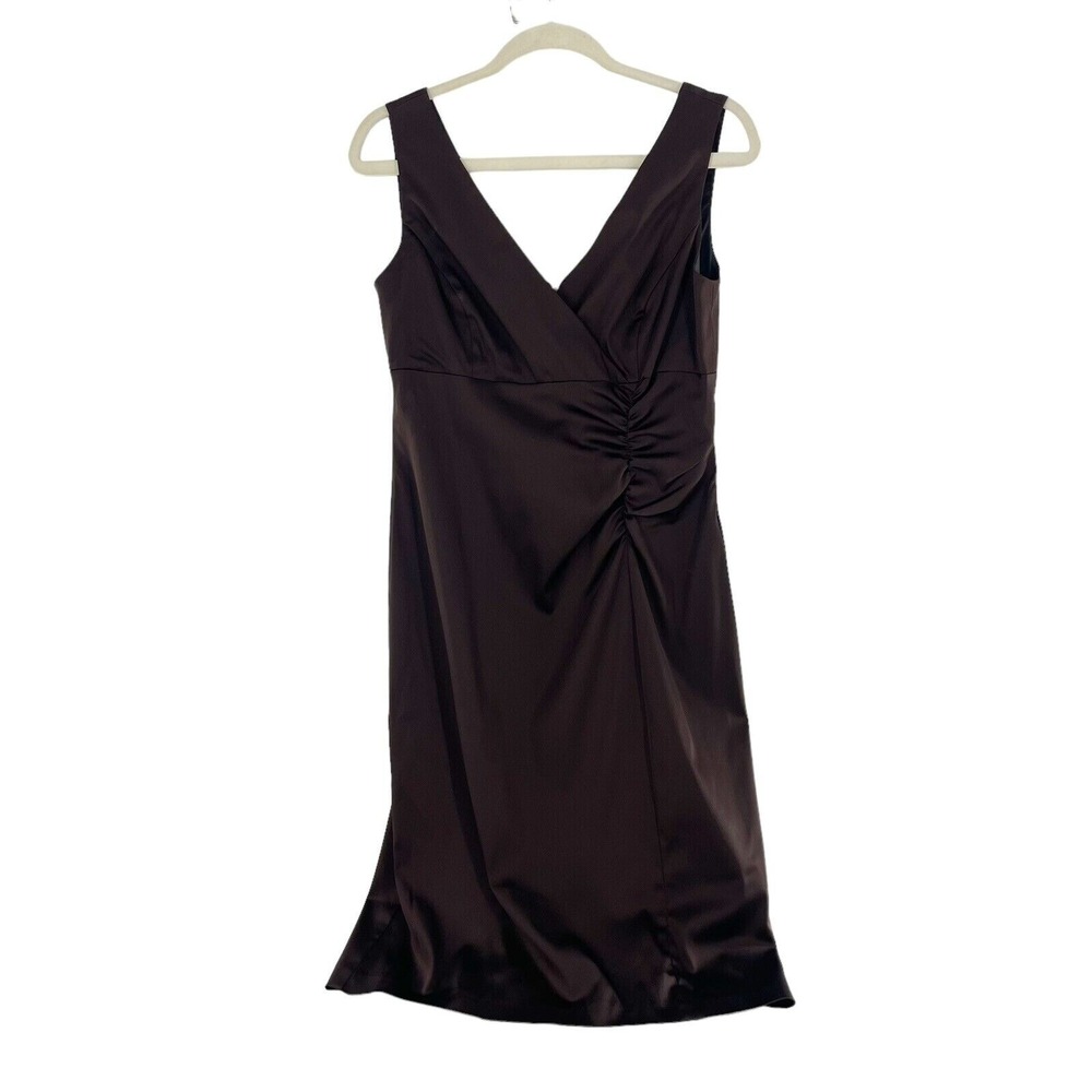 Donna Ricco Brown Sleeveless V-Neck Cocktail Dress Ruched Detail Size‎ 8 Satin